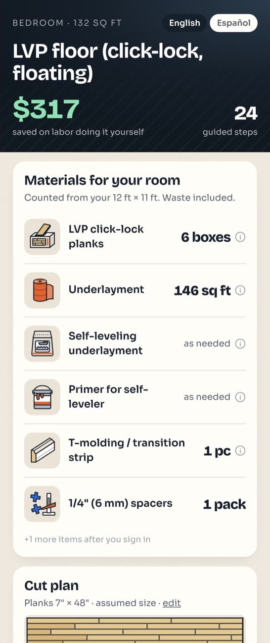 Materials list in the app